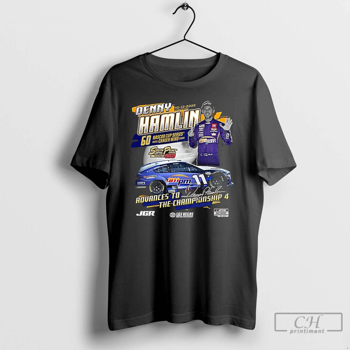 Classic Denny Hamlin Checkered Flag Sports 2025 South Point 400 Race Winner Signature T Shirts