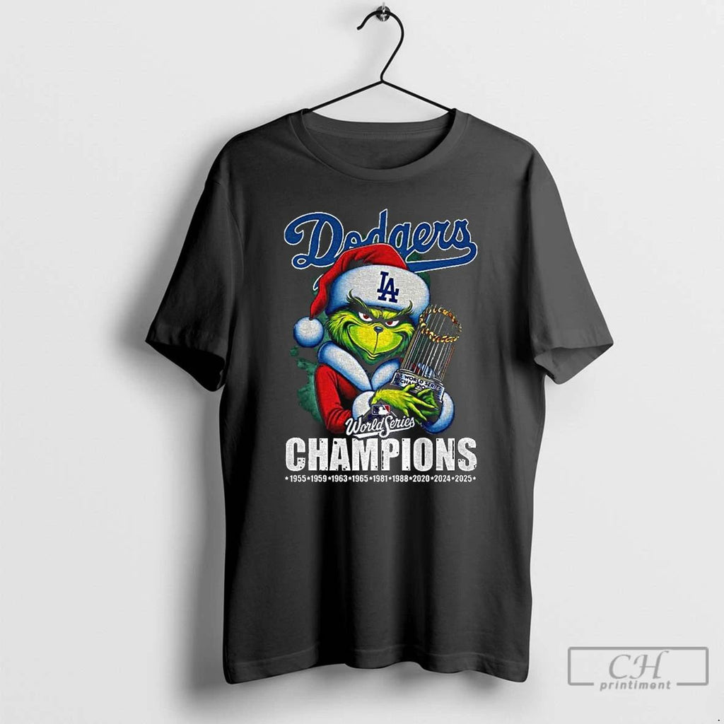 Classic Grinch Santa Los Angeles Dodgers World Series Champions Trophy T Shirts