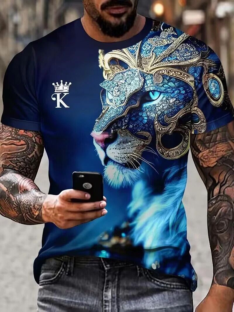 Men T Shirts Fashion Abstract Blue Lion Head Casual Short Sleeve Novelty Trendy