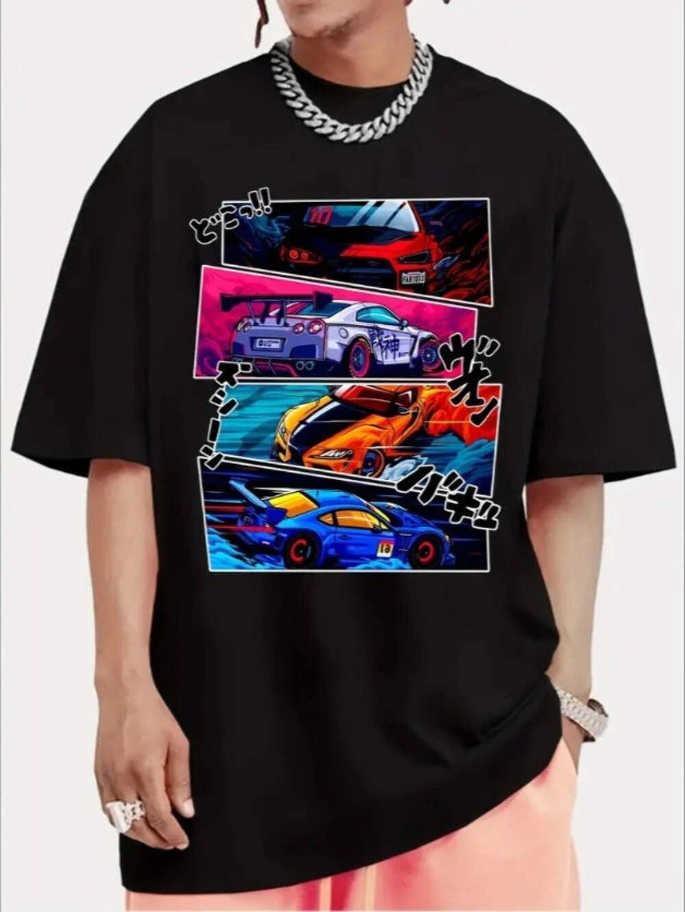 Men Street Style T-shirt, Short-sleeved T-shirt, Summer Outdoor Sports Car Print
