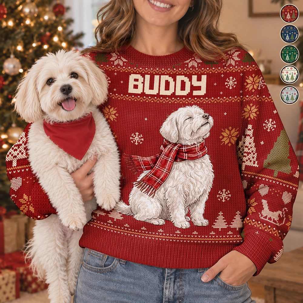 Custom Photo Watercolor Christmas Dog Pet Lover Gift - Personalized Unisex Ugly Sweater