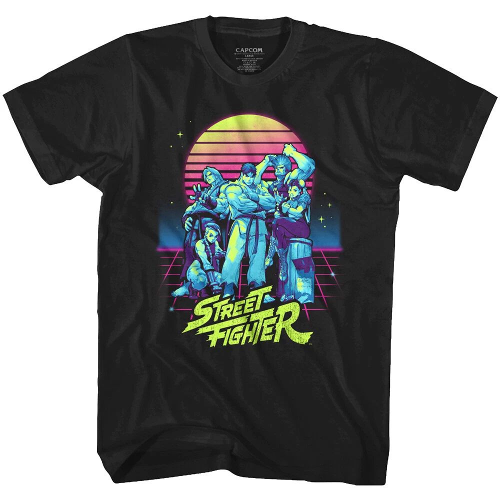 Street Fighter Neon Sunset Men's T Shirt Synthwave Guile Cammy Chun-Li Gamer Cap