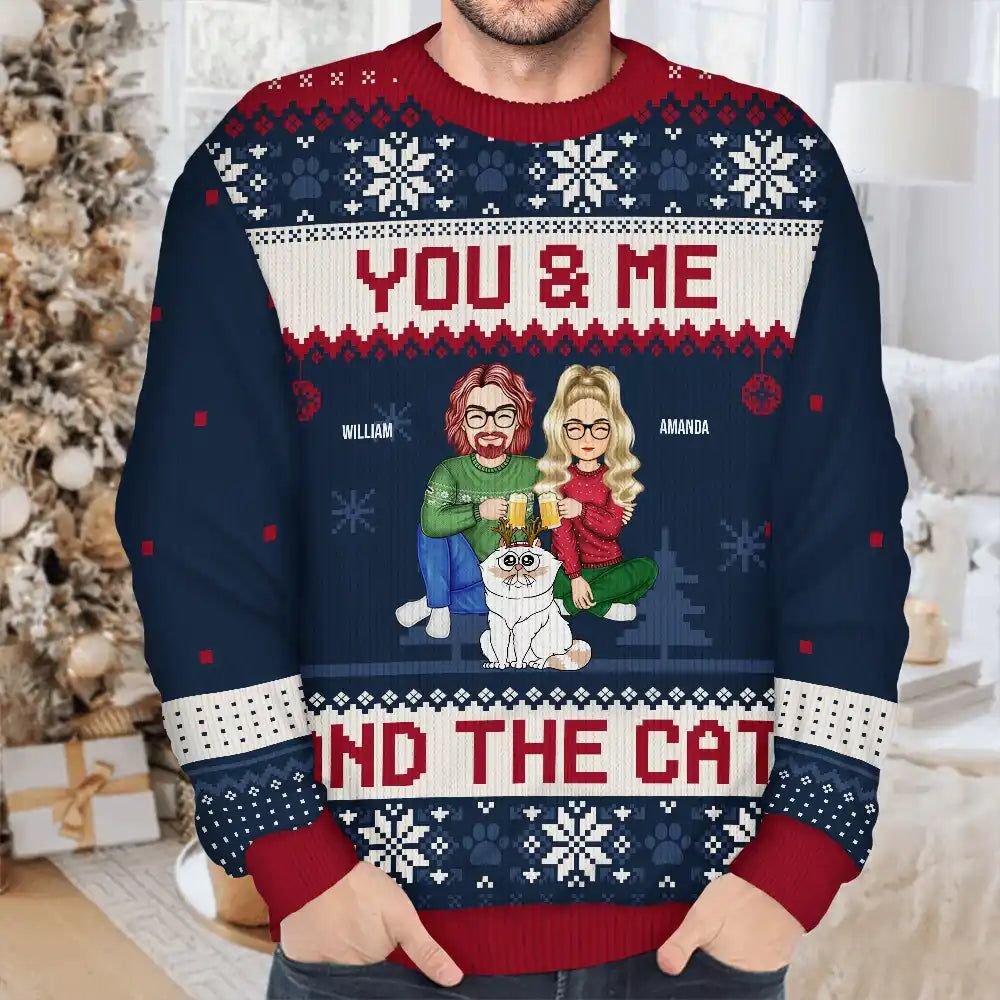 Couple You & Me And The Cats Cartoon Style - Anniversary, Christmas Gift For Cat Lovers, Couples - Personalized Unisex Ugly Sweater