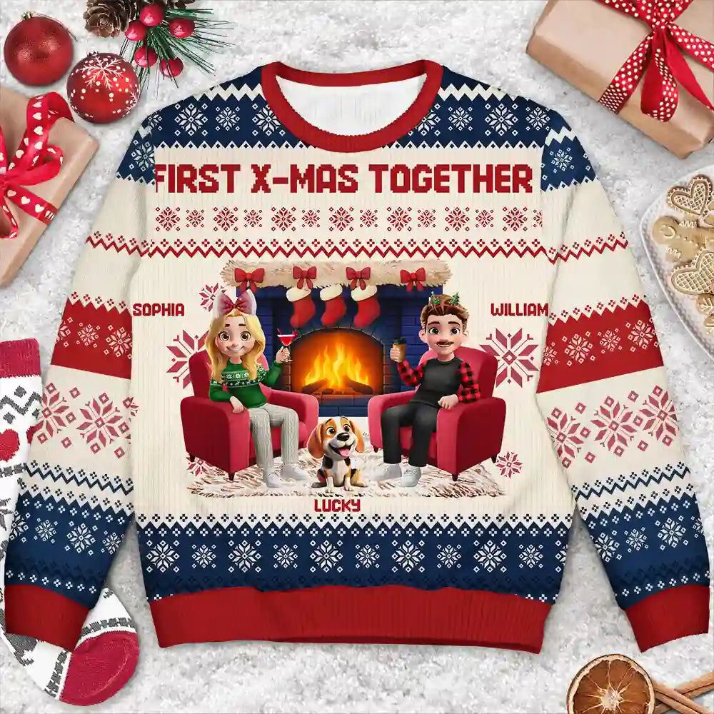 3D Effect Couple With Kids And Pets - Personalized Unisex Ugly Sweater