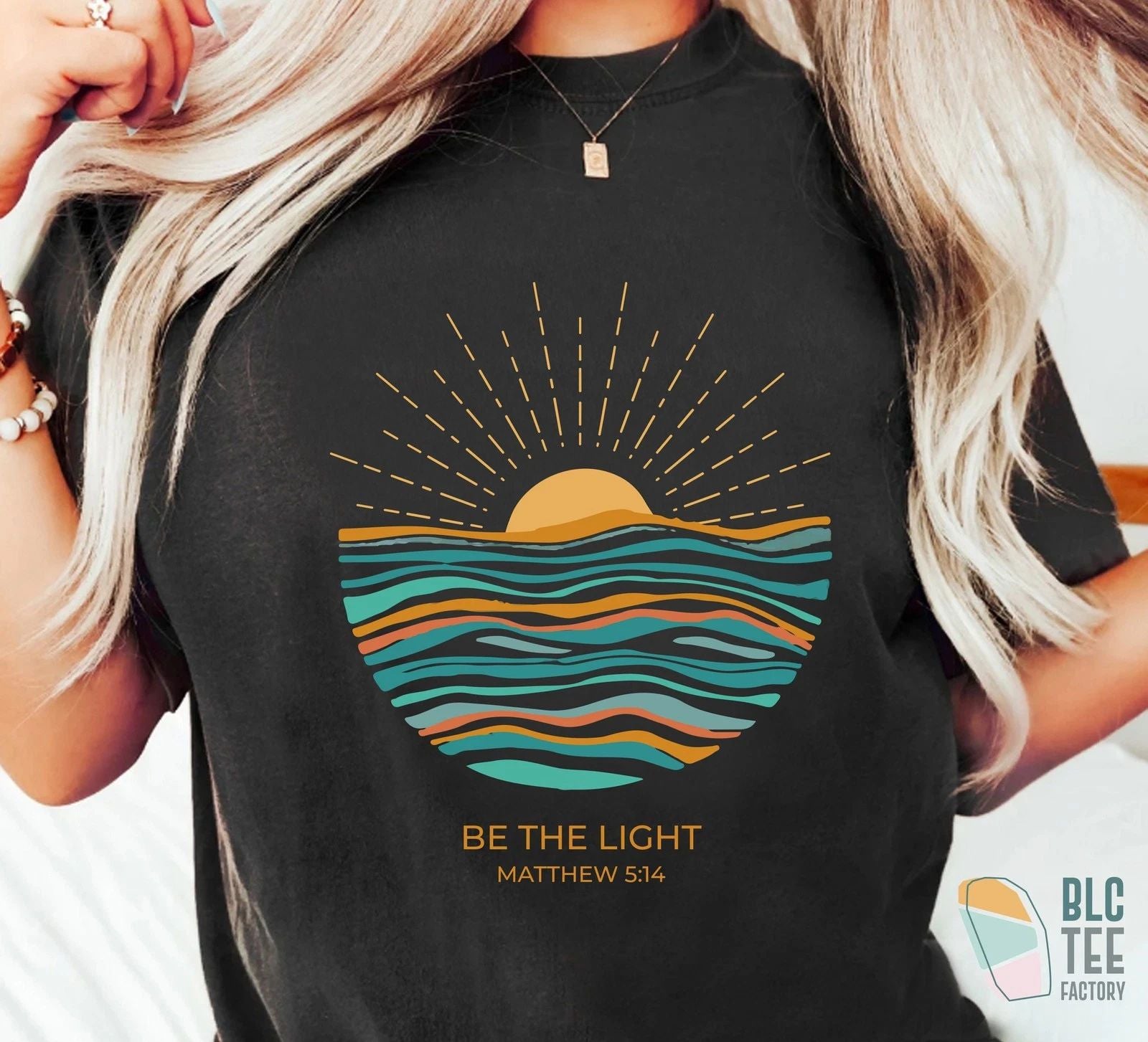 Boho Retro Be The Light Matthew 5 14 Christian TShirt, Boho Bible Verse Sunburst