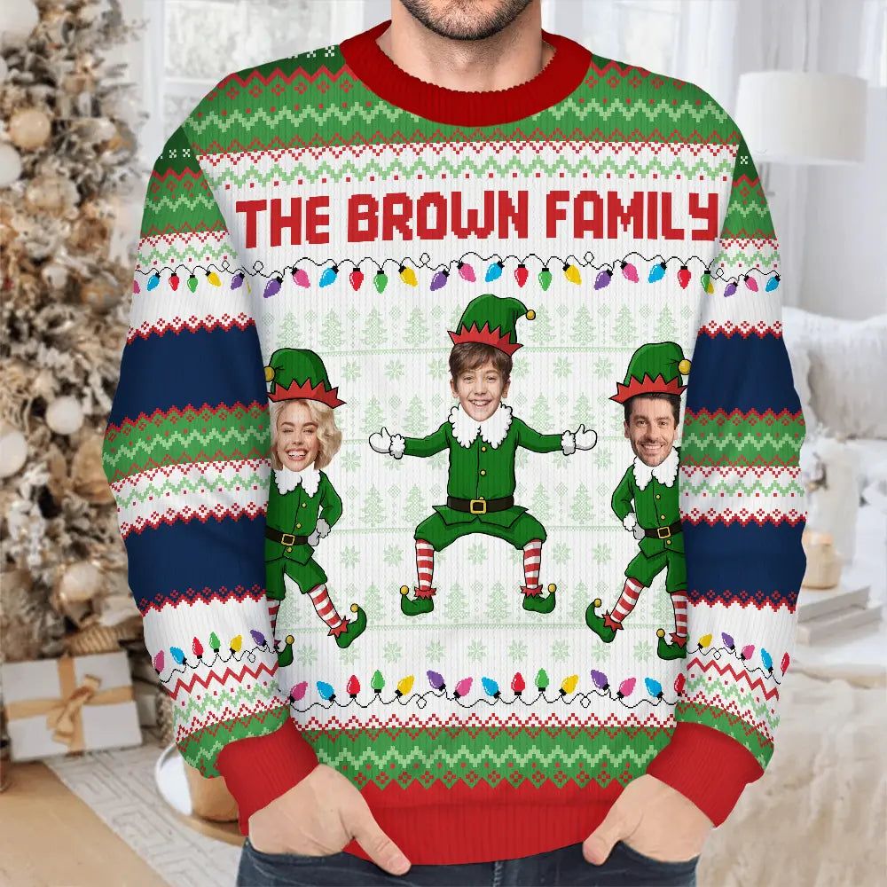 Custom Photo Funny Christmas Elf Family Face Cut - Personalized Unisex Ugly Sweater