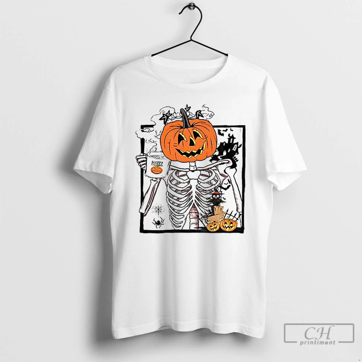 Classic Pumpkin Skeleton Drinking Coffee Funny Halloween T Shirts