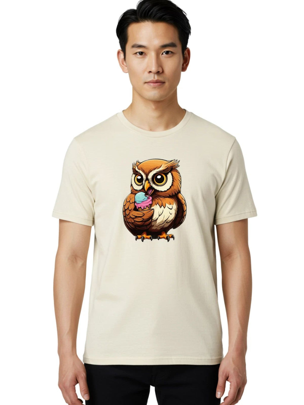 Owl-Eating-Cupcake-2 Mens Graphic Tee, 100% Cotton, Casual Summer Wear