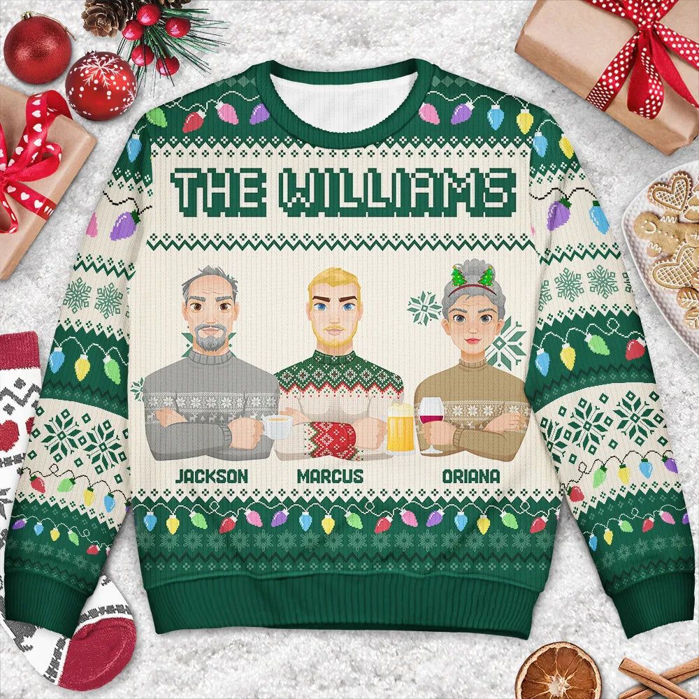 Christmas Light Custom Family Name Flat Art - Personalized Unisex Ugly Sweater