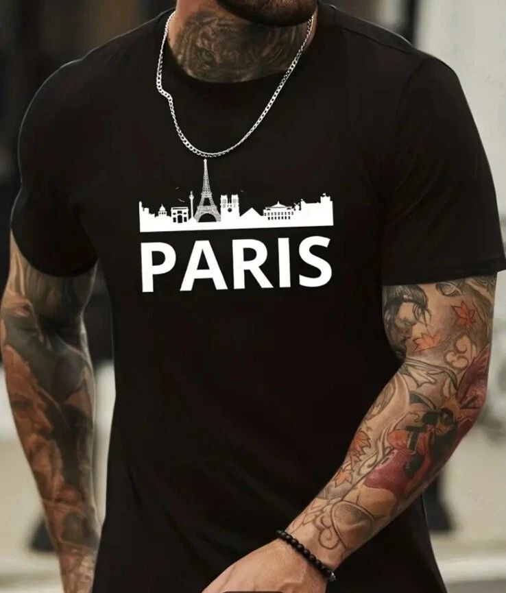 Paris" Print T-shirt, Men's Casual Street Style Stretch Round Neck Tee Shirt For
