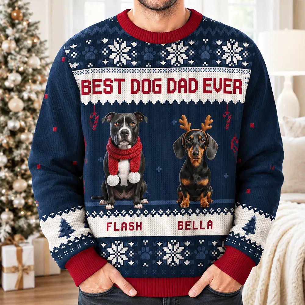Custom Photo 3D Christmas Themed Pet Meowy Catmas Feliz Navidog - Personalized Unisex Ugly Sweater