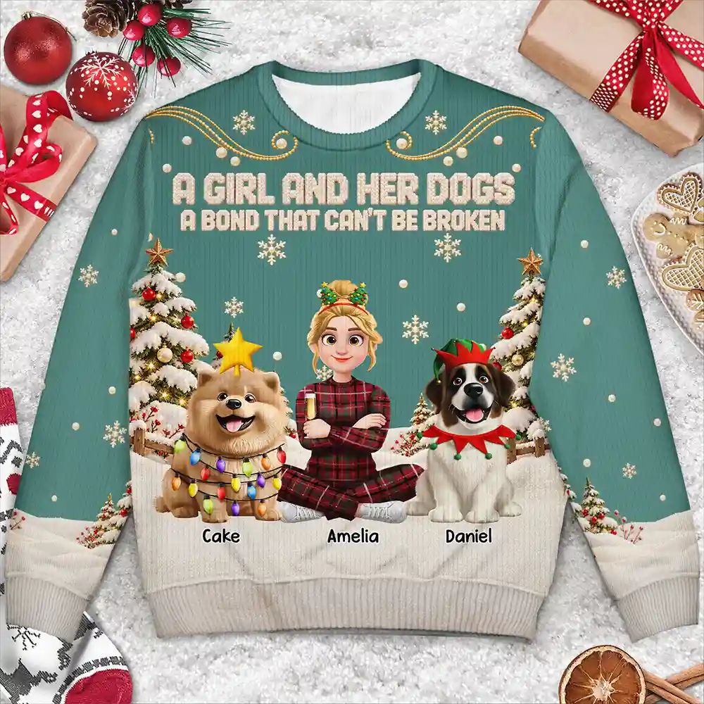 Christmas Gift For Dog Lovers - Personalized Cartoon A Girl And Her Dog Unisex Ugly Sweater
