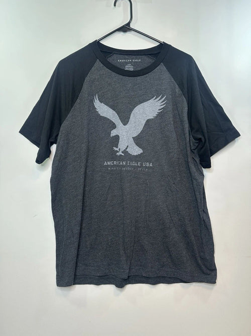 American Eagle Raglan T-Shirt Eagle Logo Graphic Tee Black Gray Adult Large