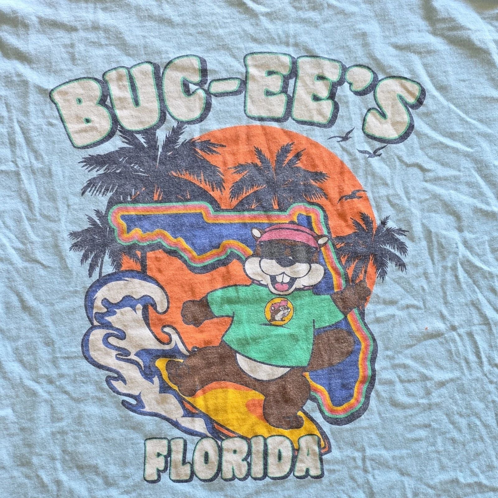 Buc-ee's Florida Surfing Beaver Men's Light Blue Cotton T-Shirt XL Regular Fit